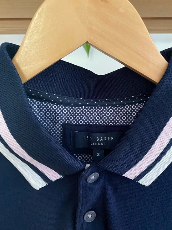 Ted Baker Navy Blue Pink White Stripe Collar Knit Polo Shirt Medium - Picture 11 of 15
